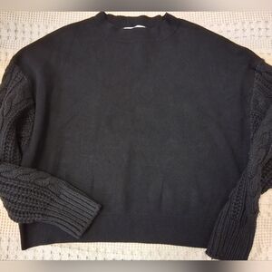 Zara Black Crewneck Sweater with Cable Knit Sleeves, Womens Size Small